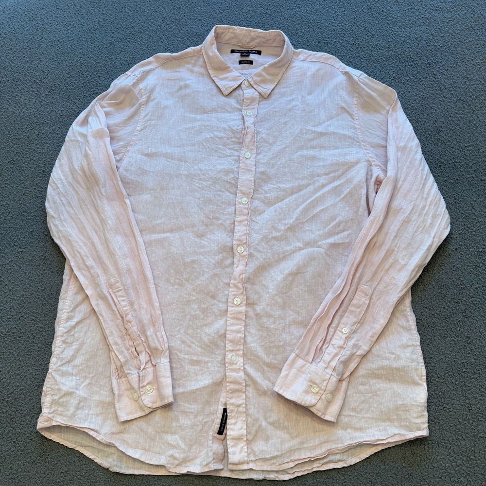 Michael Kors Classic Fit 100% Linen Pink Long Sleeve Button Up Shirt Men's XL